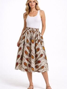 Peacock-Print A-Line Midi Skirt - White/Cream with Mustard & Rust Accents